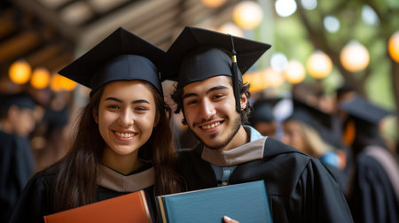 A couple of happy graduates wearing graduation caps smile while looking at the camera.