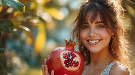A young beautiful girl stands smiling and looks at the camera in her hands she holds a large pomegranate fruit.の素材