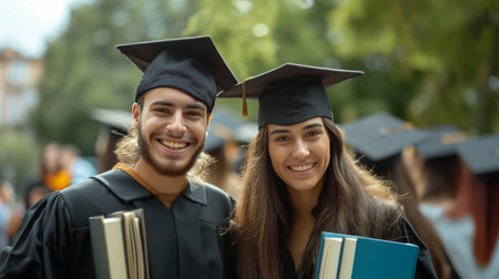 A couple of happy graduates wearing graduation caps smile while looking at the camera.の素材