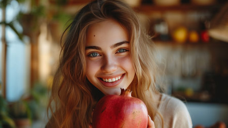 A young beautiful girl stands smiling and looks at the camera in her hands she holds a large pomegranate fruit.の素材