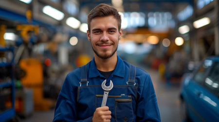 A young handsome male mechanic in a blue overalls and a wrench in his hands looks smiling at the camera.の素材