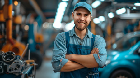 A young handsome male mechanic in a blue overalls and a wrench in his hands looks smiling at the camera.の素材