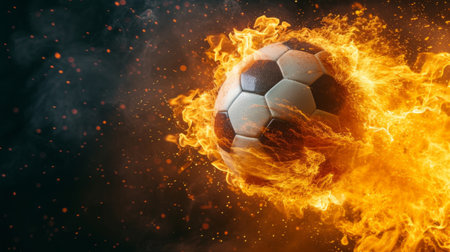 A soccer ball on fire on a black background on the right. Plenty of space for text.の素材