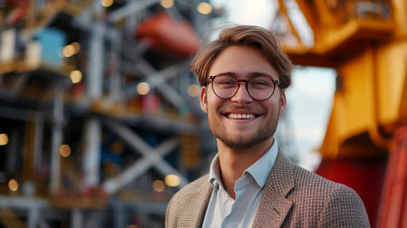 A young businessman in glasses stands smiling against the background of an oil rig.の素材
