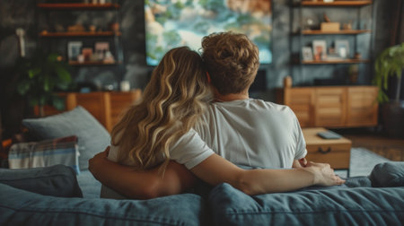 A young couple in jeans and bright T-shirts sits hugging on the sofa.の素材