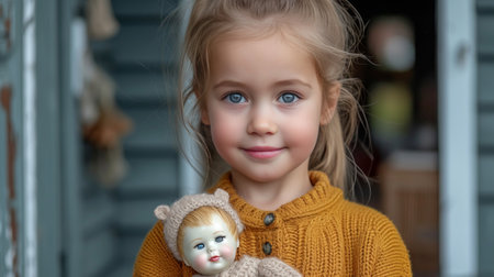 A young girl in a bright cardigan stands and looks smiling at the camera..の素材