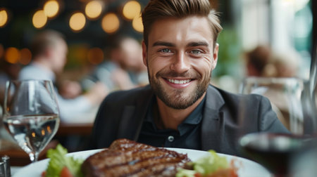 A young handsome businessman is sitting in a restaurant and eating a beef steak.の素材
