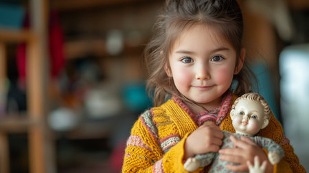 A young girl in a bright cardigan stands and looks smiling at the camera..の素材