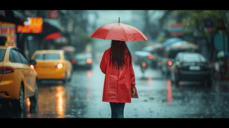 a young beautiful woman in a red raincoat walks through the puddles in the rain.の素材
