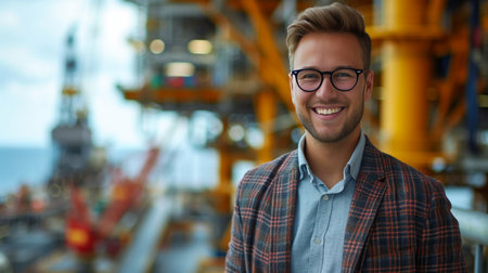 A young businessman in glasses stands smiling against the background of an oil rig.の素材