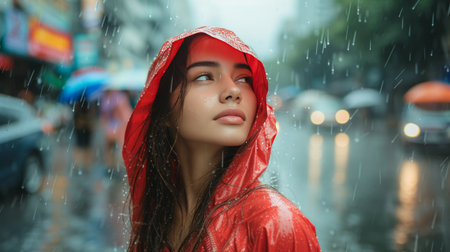 a young beautiful woman in a red raincoat walks through the puddles in the rain.の素材