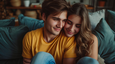 A young couple in jeans and bright T-shirts sits hugging on the sofa.の素材