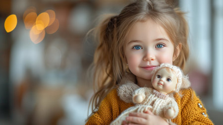 A young girl in a bright cardigan stands and looks smiling at the camera..の素材