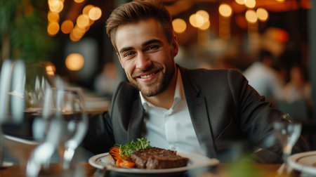 A young handsome businessman is sitting in a restaurant and eating a beef steak.の素材