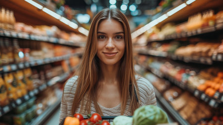 A young beautiful woman walks through a grocery store with a cart full of groceries..の素材