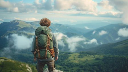 A young man with a green hiking backpack stands on a mountain peak and looks into the distance.の素材