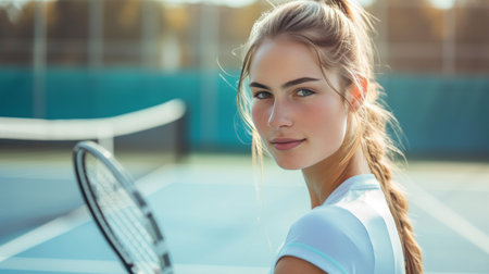 beautiful young tennis player posing and looking at the camera on a blurred tennis court background.の素材