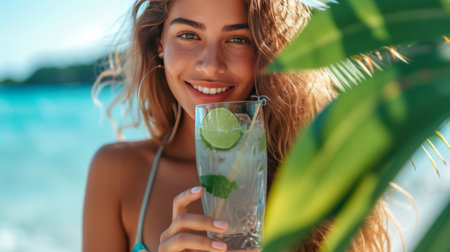 Beautiful young woman in a bikini drinks a gray mojito on the beach.の素材