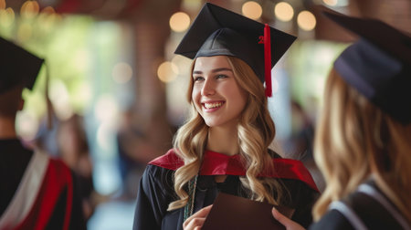 Beautiful young woman in a graduate receive caps a diploma from the hands.の素材