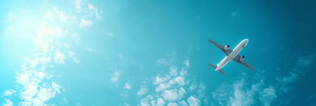 Beautiful background of blue sky and close-up of a flying airplane on the right.の素材