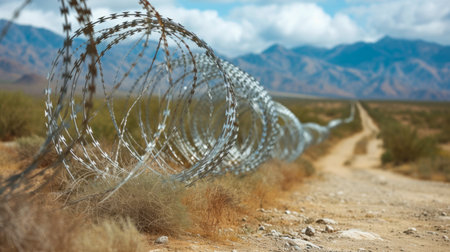 Border with barbed wire between America and Mexico.の素材