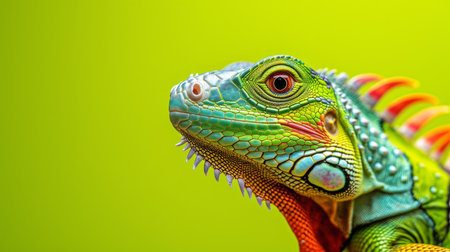 Close up of the head of a green iguana on a green backgroundの素材