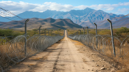 Border with barbed wire between America and Mexico.の素材