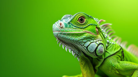 Green iguana on a green background. Close-up portrait.の素材