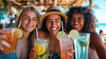 Diverse national friends drinking mojitos at beach bar.の素材