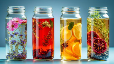 Five beautiful glass jars with tea standing in a row.の素材