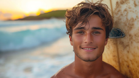 Handsome young tanned surfer stands on the ocean shore and looks at the camera smiling.の素材