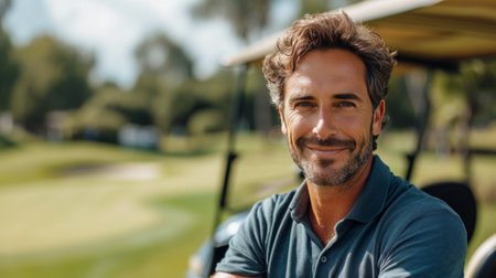 Handsome male athlete golfer posing and looking smiling at the camera.の素材