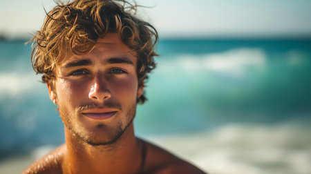 Handsome young tanned surfer stands on the ocean shore and looks at the camera smiling.の素材