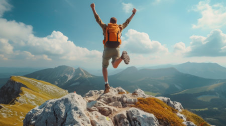 Happy man joyfully jumps height to the top of the mountain.の素材