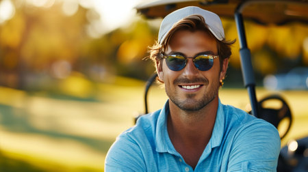 Handsome male athlete golfer posing and looking smiling at the camera.の素材