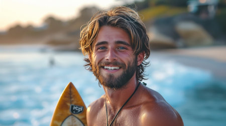 Handsome young tanned surfer stands on the ocean shore and looks at the camera smiling.の素材