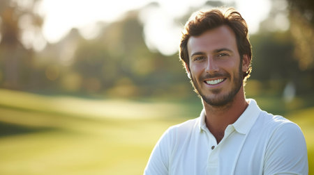 Handsome male athlete golfer posing and looking smiling at the camera.の素材
