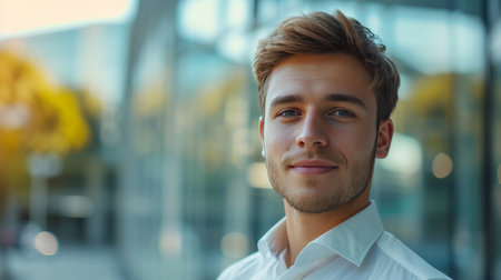 Young handsome businessman looking at the camera and smiling against the background of a blurred business center.の素材