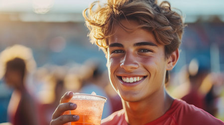 Young athletic man drinks soda and looks smiling at the camera.の素材