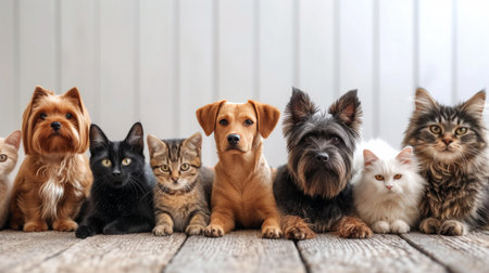 Many different dogs and cats sit in a row and look at the camera.の素材