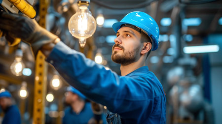 Male workers in blue overalls changing a light bulb.の素材