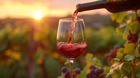 Red wine is poured into a glass. Blurred background of vineyards from behind.の素材