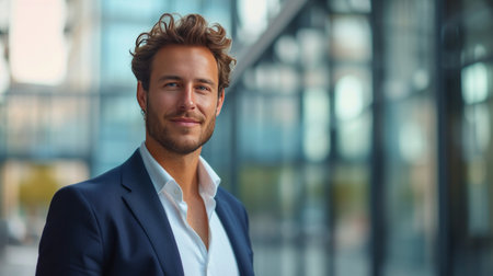 Young handsome businessman looking at the camera and smiling against the background of a blurred business center.の素材