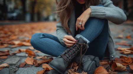 Young beautiful woman zips up her boots.の素材