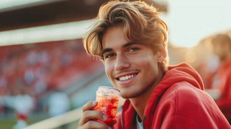 Young athletic man drinks soda and looks smiling at the camera.の素材