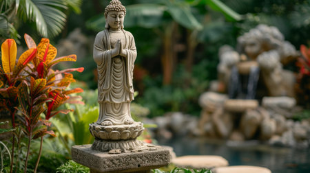 Stone buddha statue stands on a pedestal surrounded by tropical nature.の素材
