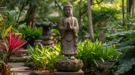 Stone buddha statue stands on a pedestal surrounded by tropical nature.の素材
