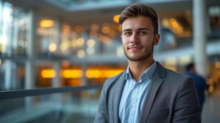 Young handsome businessman looking at the camera and smiling against the background of a blurred business center.の素材