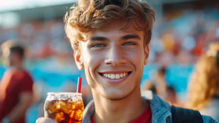 Young athletic man drinks soda and looks smiling at the camera.の素材