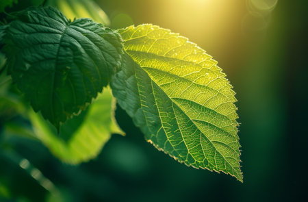 a green leaf with bright sun.の素材